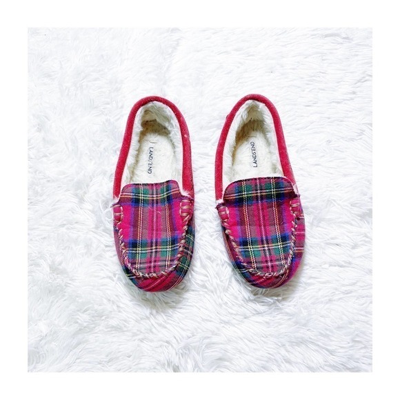 Land's End Plaid Tartan Flannel Mocassin Flats Kids SZ1.5 - Picture 1 of 6